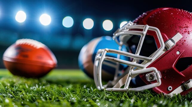 Close-Up of Football Helmet and Balls on Wet Grass Under Stadium Lights in Evening Sports Scene