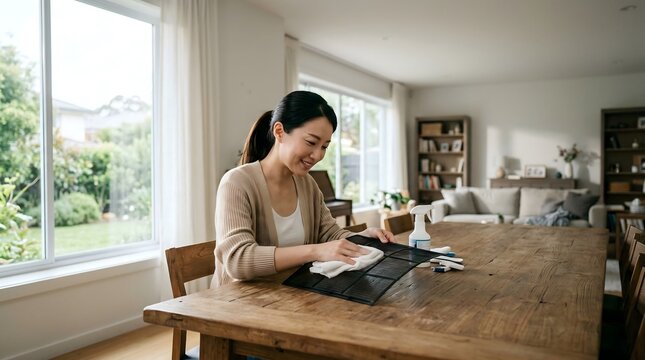 Smiling Asian woman cleaning air conditioner filter at home dining table