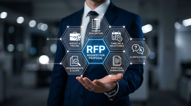Businessman holding glowing digital RFP Request for Proposal interface concept