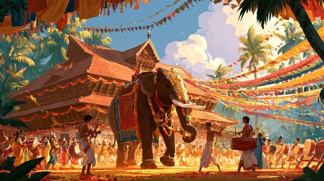 Majestic decorated elephant parades past traditional architecture, vibrant festival atmosphere, representing cultural heritage and joyful celebration