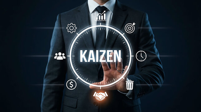 Businessman pointing at digital hologram with Kaizen continuous improvement concept