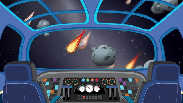 Animation of Spaceship Cockpit Flying Through Asteroids and Comets