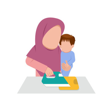 Hijab Mother Ironing Clothes While Holding Baby