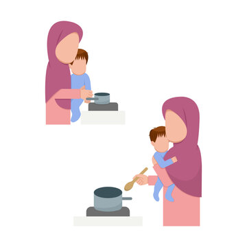 Hijab Mother Cooking While Holding Baby