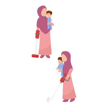 Hijab Mother Vacuuming While Holding Baby