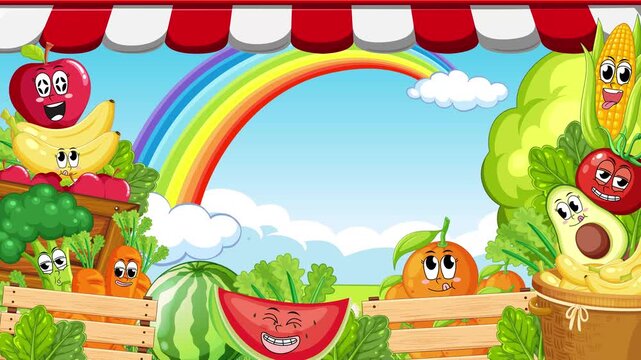 Cartoon Fruit and Vegetable Market Frame Animation with Rainbow