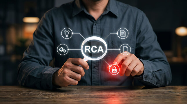 Professional analyzing root cause analysis concept with digital data tools