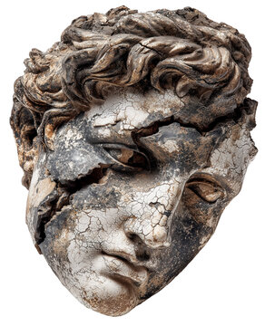 Cracked ancient statue head with intricate details and weathered texture, showcasing passage of time and artistic craftsmanship., isolated