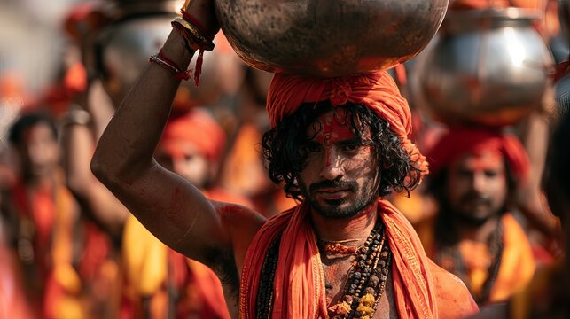 Man balances a metallic pot above his head during a vibrant Hindu festival, showcasing devotion and cultural tradition