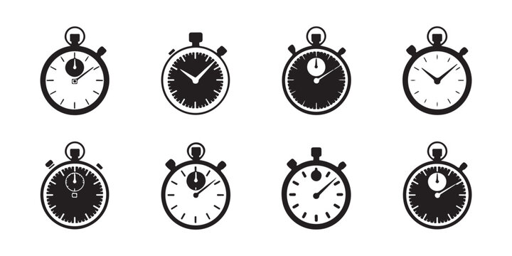 Set of black stopwatch icons illustrating different time intervals and functions.