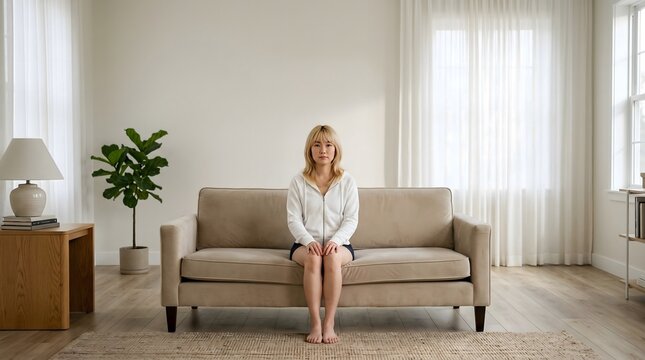 Young woman sitting peacefully on comfortable beige couch at home