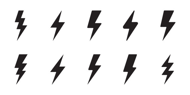 Lightning bolt strike icon collection featuring black flash symbols and thunder electricity graphics.
