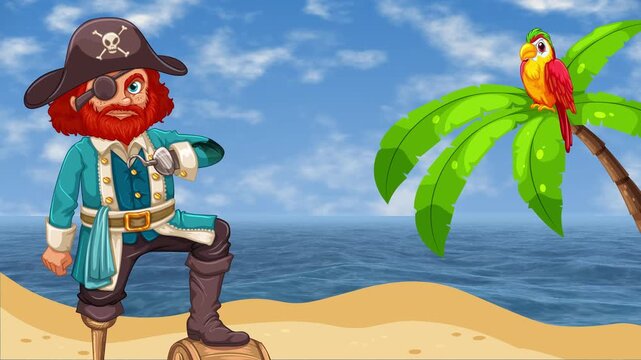 Cartoon Pirate and Parrot on a Tropical Beach Island Animation