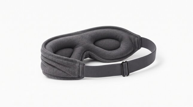 Black weighted sleep mask with adjustable strap isolated on white background, comfortable relaxation accessory designed for rest, travel, meditation, bedtime routines and wellness.