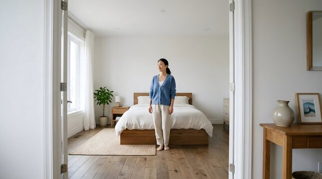 Peaceful Asian woman standing in her modern minimalist bedroom interior
