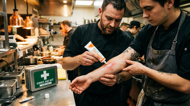 Professional Chef Applying Burn Gel First Aid Treatment to Colleague After Kitchen Injury