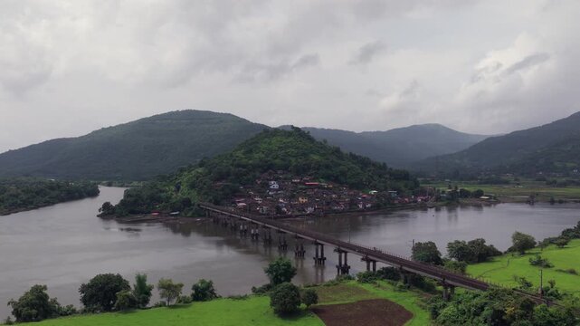 Aerial View of Dasgaon Village and Savitri River with Konkan Railway Bridge Maharashtra