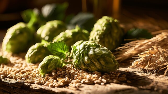 Fresh green hop cones, barley grain, and dried plant stems arranged on a rustic wooden surface, representing craft brewing concept