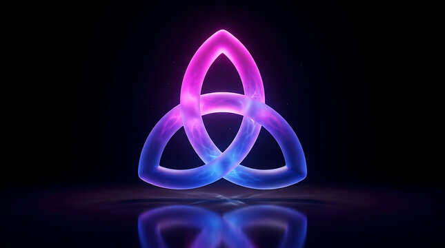 Glowing triquetra knot floating above a dark reflective surface