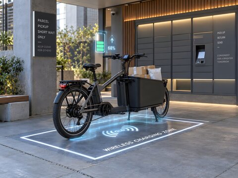 Wireless charging technology for electric cargo bike outside modern commercial building