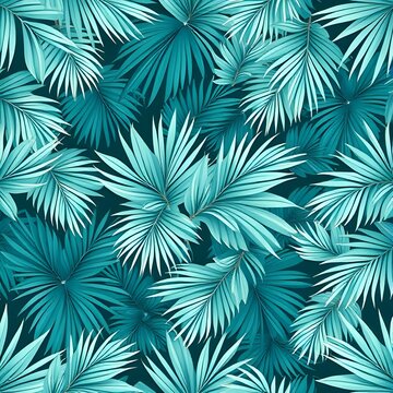 Tropical palm leaves seamless pattern in teal and dark turquoise colors for backgrounds