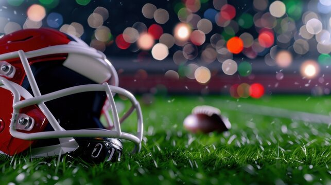 Stylish football helmet on green field with blurred colorful lights in the background during a nighttime sports event
