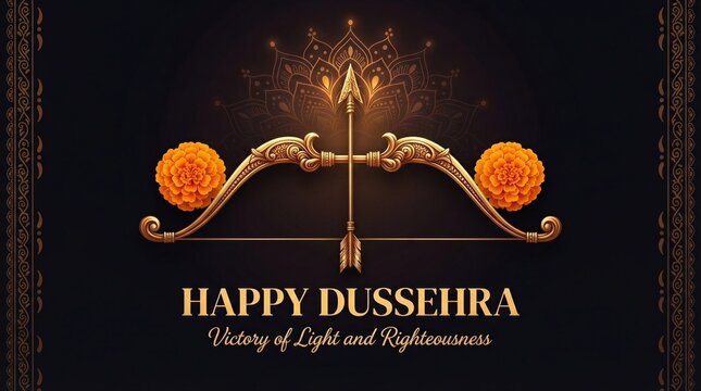 Happy Dussehra festival greeting background featuring a luxurious golden bow and arrow, intricate mandala patterns, traditional marigold flowers, and glowing sparks on a dark background celebrating 