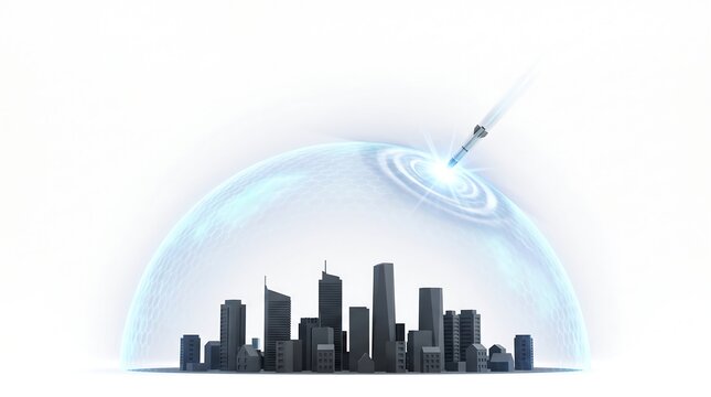 Glowing Energy Dome Shield Protecting City from Incoming Missile