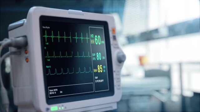 Heart rate monitors in hospital room. Patient vital signs, intensive care unit and emergency medical equipment