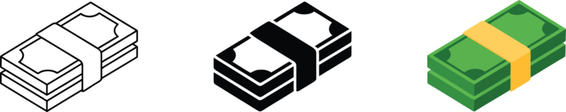 Isometric money stack vector icons featuring green cash bundles and black line art currency symbols for banking, finance, wealth, and business apps.