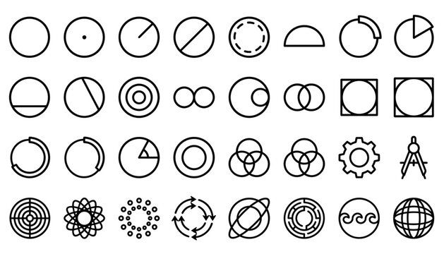 circles geometry properties and circles relations icon set vector.