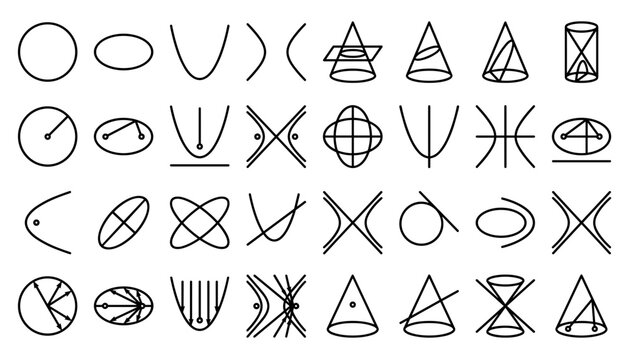 conic sections circle parabola ellipse hyperbola icon set .