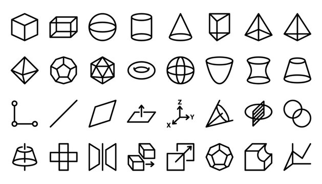solid geometry 3d polyhedrons and surfaces icon set .