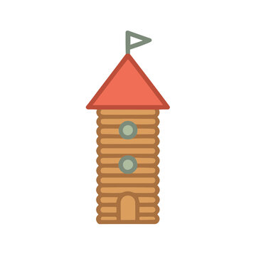 Log cabin tower illustration with flag