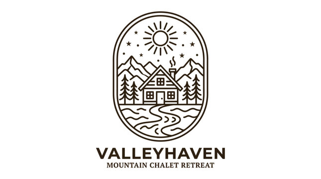 Mountain Chalet Retreat Logo Design with Cabin and Pine Trees.