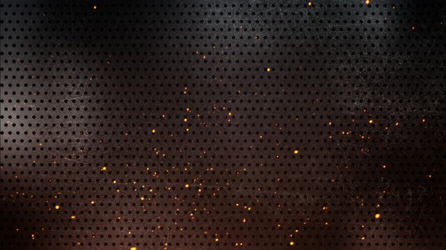 Dark Industrial Perforated Metal Background with Subtle Amber Sparks and Clean Empty Center 4K 60 fps