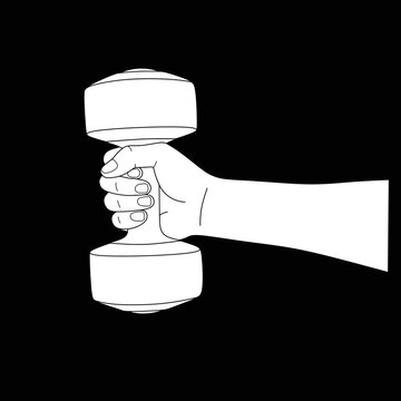 Hand holding dumbbell black white design image,hand lifting dumbbell white silhouette vector, sillhouet hand lifting barbell on black background,hand holding barbell black white illustration 