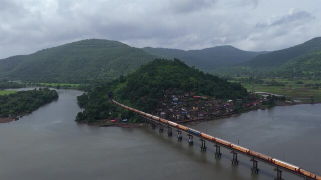 Aerial View of Dasgaon Village and Savitri River with Konkan Railway Bridge Maharashtra