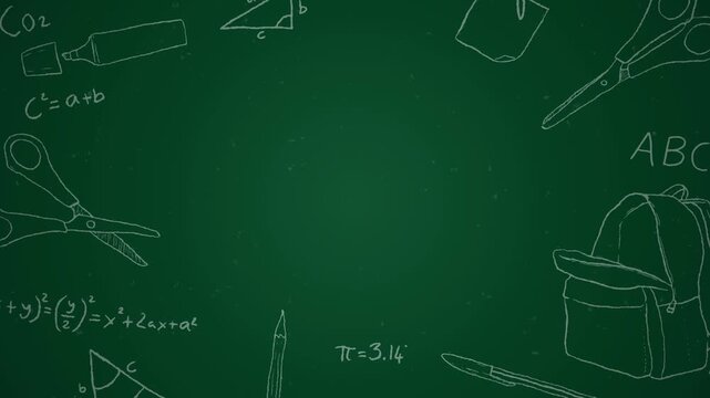 Teacher's Day Background Video 4k with Animated Handdraw Green Chalkboard, School Supplies Math Formulas and Copy Space