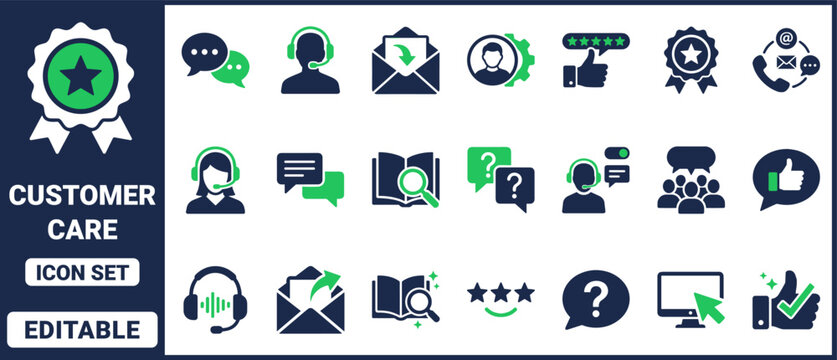 Customer care icon set, a comprehensive collection of editable icons for support and service design