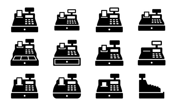 Set of twelve black and white cash register icons perfect for retail shopping and black friday sale events