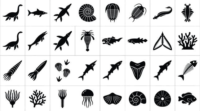 Comprehensive set of black prehistoric marine life and fossil icons including plesiosaur, trilobite, ammonite, megalodon tooth, sea lily, jellyfish, and ancient fish species on white.