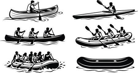 Water sports boat vector collection bundle featuring kayaking canoeing white water rafting adventure activity illustrations © MdAnarulIslam