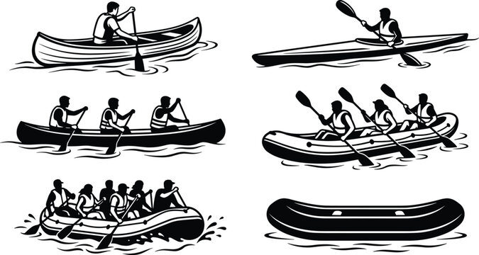 Water sports boat vector collection bundle featuring kayaking canoeing white water rafting adventure activity illustrations