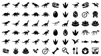 Comprehensive set of black dinosaur silhouette icons including T-Rex, Triceratops, Stegosaurus, skeletons, skulls, footprints, nests, eggs, and paleontology excavation tools. © VectorSuka