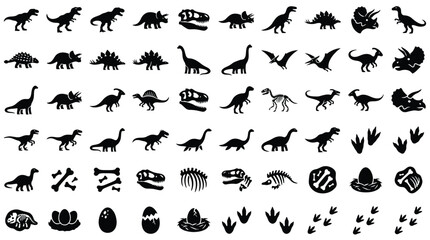 Large collection of 60 black dinosaur silhouettes and paleontological icons including T-Rex, Triceratops, Stegosaurus, Brachiosaurus, Pterosaurs, fossil bones, skulls, skeletons, eggs, and footprints. © VectorSuka