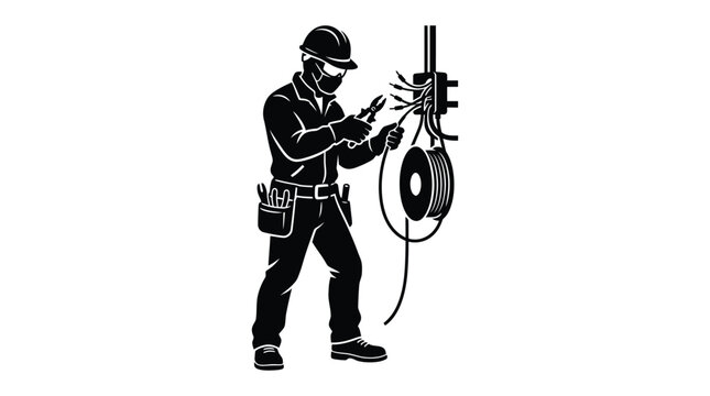 Electrician Working With Wires And Tools Black Silhouette