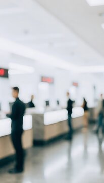 Blurred silhouettes of people standing at a modern bank service counter with bright interior lighting