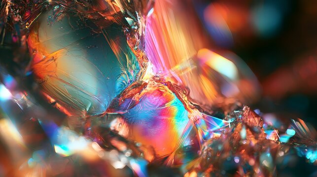 Iridescent fractured glass surface displays vivid rainbow hues, creating abstract textures, representing complex light and refraction