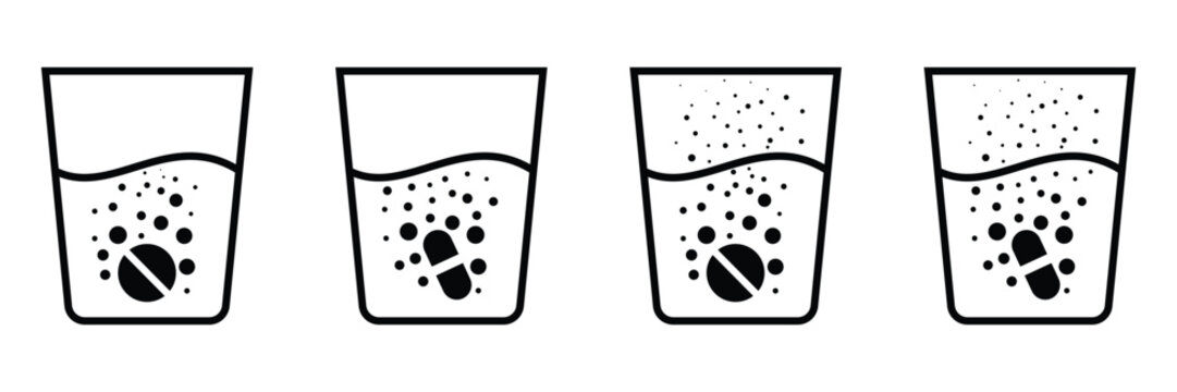 Effervescent Soluble Tablet Dissolving in Water with Bubbles Healthcare Icon Set Vector